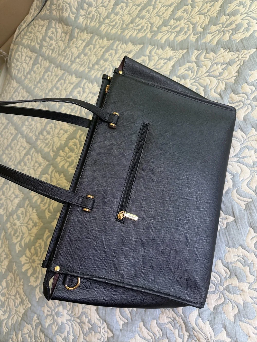 Black faux saffiano leather 15.6 in laptop work tote